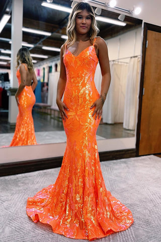 Sparkly Mermaid Orange Sequins Long Prom Dress VL011107