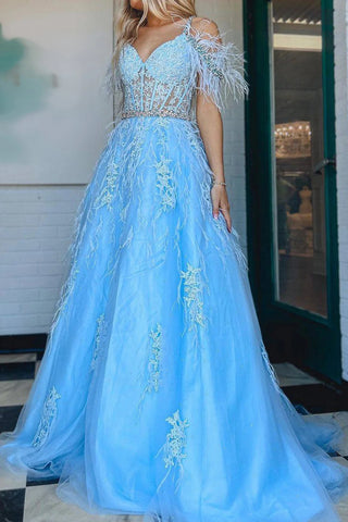 Gorgeous A Line Off the Shoulder Blue Prom Dress with Appliques Feather VL011344