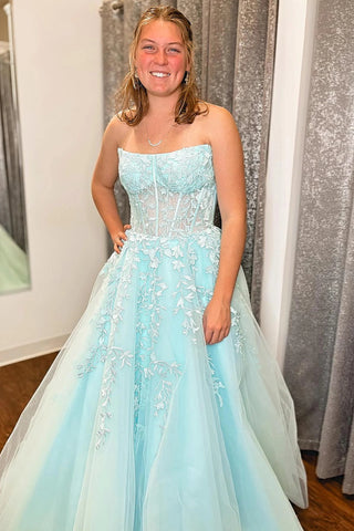 Light Blue Strapless Floral A-line Long Prom Dress VL011807