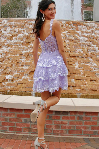 Lavender Sequin Lace Ruffle Tiered A-Line Short Homecoming Dresses VK24091002