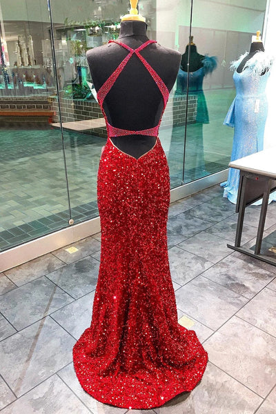 Mermaid Deep V Neck Red Sequins Long Prom Dress with Open Back VL011411