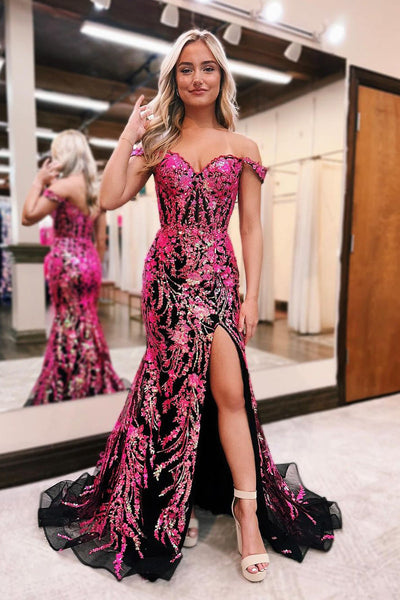 Charming Mermaid Off the Shoulder Hot Pink Sequins Lace Prom Dress VL24122403