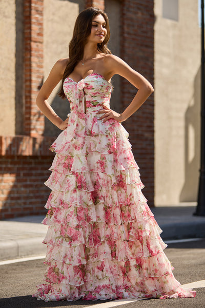 A Line Sweetheart Keyhole Pink Floral Chiffon Tiered Prom Dress with Bow VL25122104