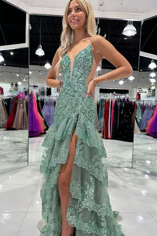 Fairy Sheath V Neck Sage Green Slit Prom Dress with Appliques VL24120910