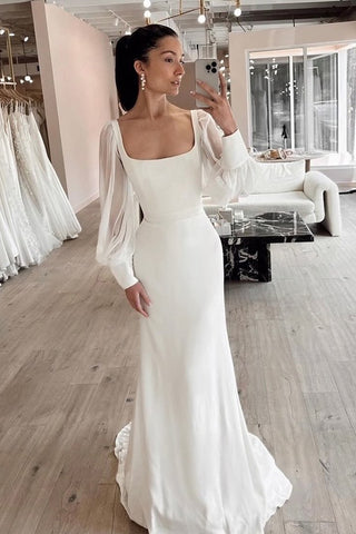 Elegant Mermaid Square Neck Satin Long Wedding Dress with Long Sleeves VLWD011705