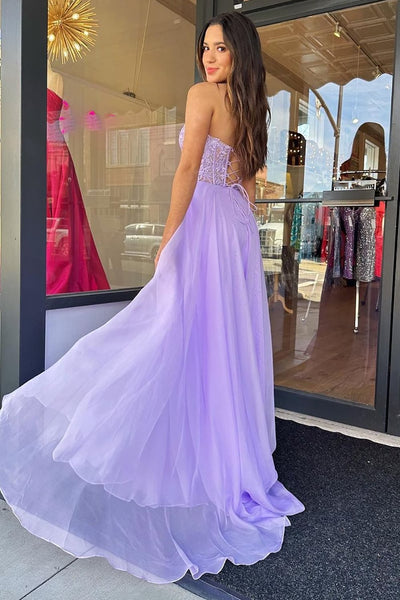 A Line Sweetheart Lilac Chiffon Long Prom Dress with Appliques VL011316