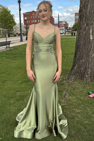 Elegant Mermaid V Neck Sage Green Stretch Satin Prom Dress with Applqiues VL010709