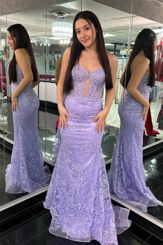 Lavender Strapless Cut-Out Mermaid Floral Long Prom Dress VL012010