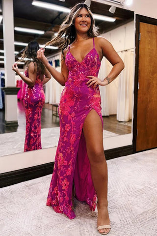 Hot Pink V Neck Sequin Lace Long Prom Dress with Slit VL012109