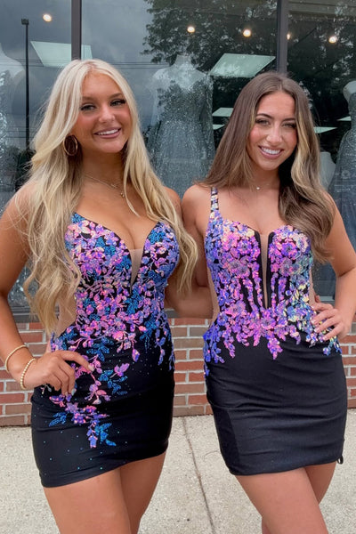 Bodycon V Neck Black Satin Homecoming Dress with Sequins Lace VL1080604