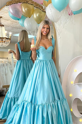 A-Line Sweetheart Light Blue Satin Long Prom Dress with Bow Straps VL020802