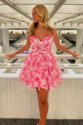 Pretty A Line Sweetheart Pink Floral Print Short Homecoming Dresses VL24080202