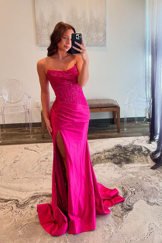 Cute Mermaid Scoop Neck Fuchsia Slit Prom Dress with Appliques VL24112006