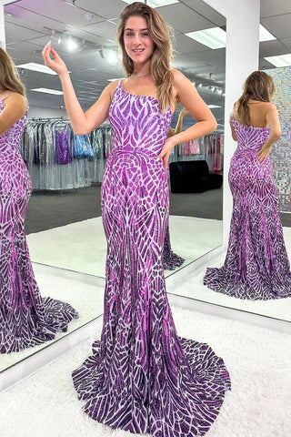 Purple One Shoulder Sequins Mermaid Long Prom Dresses VL013004