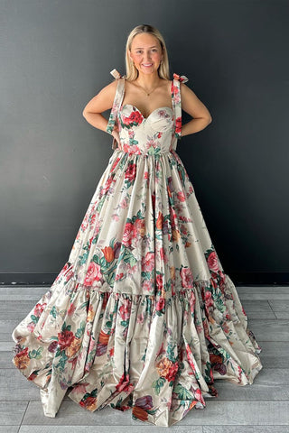 Floral Printed Sweetheart Satin Long Prom Dress VL022701