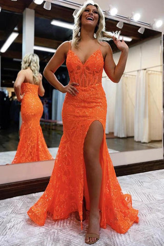 Charming Mermaid V Neck Orange Sequins Long Prom Dress with Slit VL122331