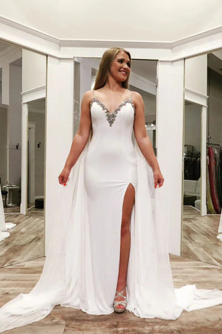 Sparkly White Long Beaded Watteau Train Prom Dress with Slit VL012308