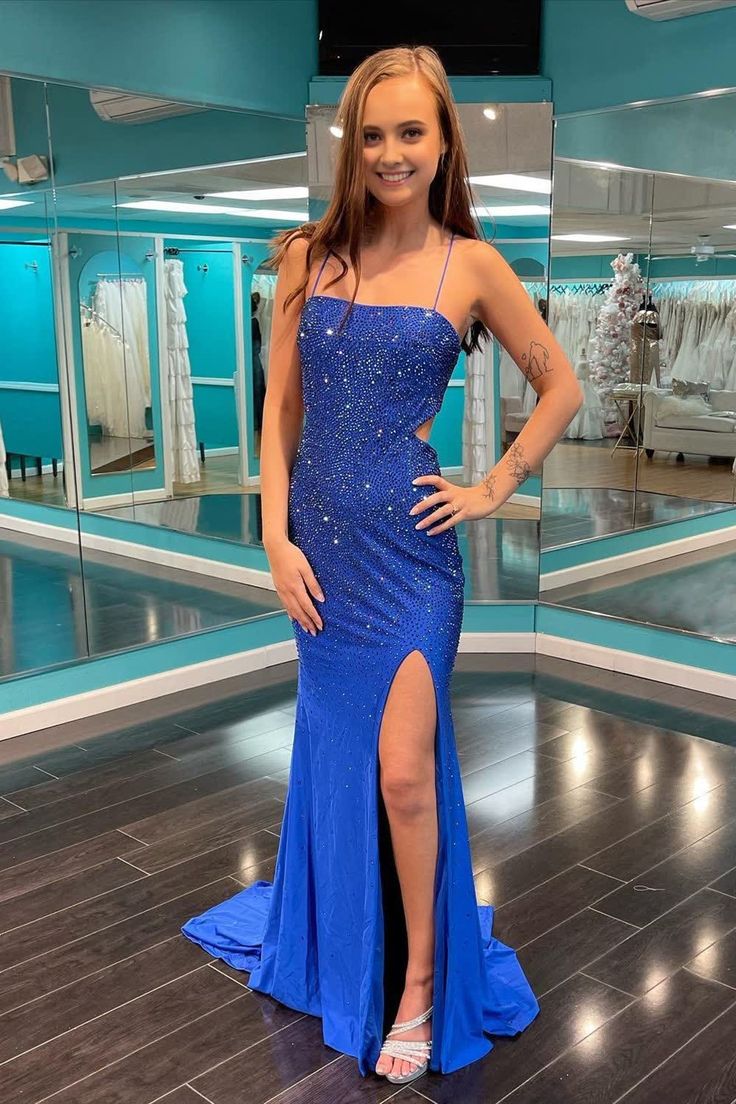 Cute Mermaid Royal Blue Hot Stone Beading Satin Long Prom Dress with Slit VL010701