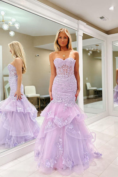 Lilac Sweetheart Tulle Appliques Mermaid Long Prom Dress VL012602