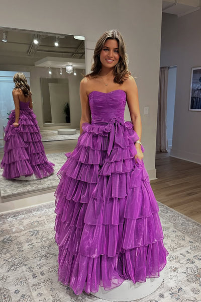 Cute A Line Strapless Purple Organza Tiered Prom Dress VL24121805