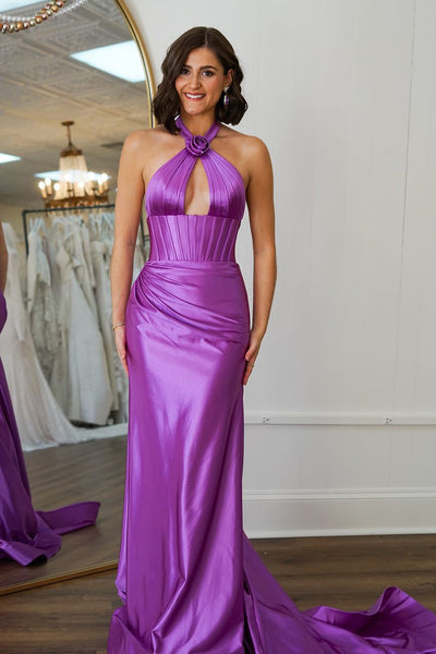 Cute Mermaid Halter Light Purple Satin Prom Dresses with Bow VL24120909