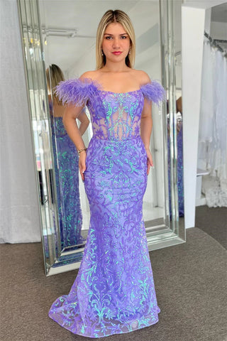 Lavender Off-the-Shoulder Mermaid Sequined Long Prom Dress with Feathers VL011617