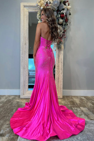 Sparkly Mermaid Sweetheart Pink Satin Slit Prom Dress with Beading VL25010208