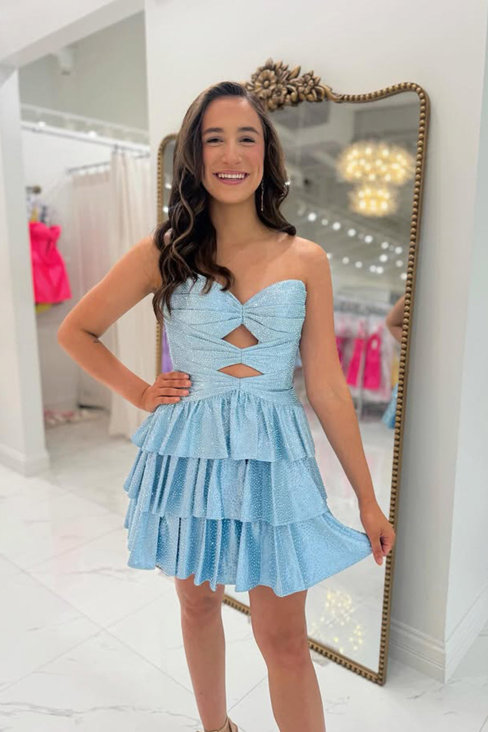 A Line Sweetheart Keyhole Light Blue Homecoming Dresses with Hot Stone VL1061408