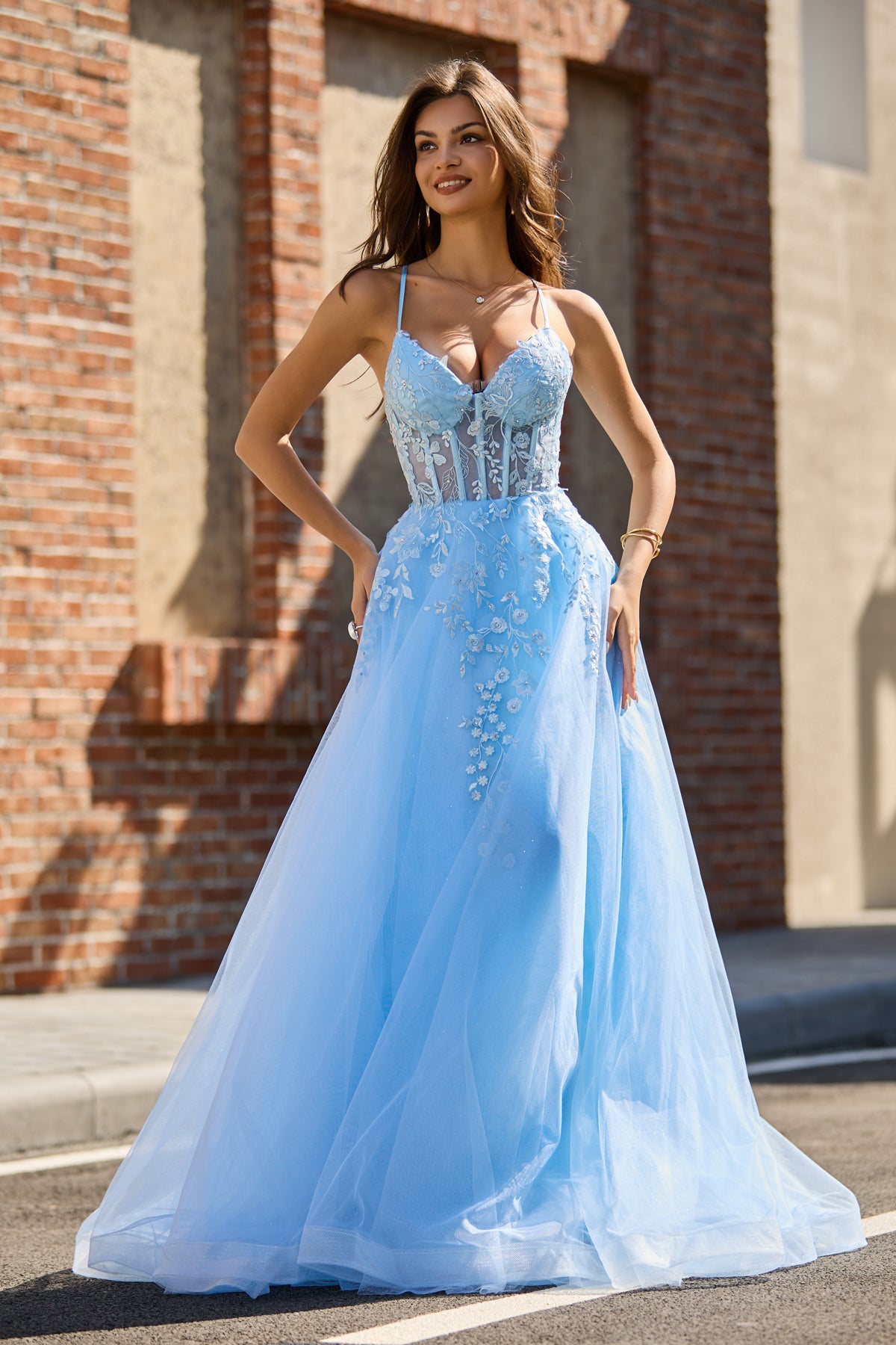 A Line V Neck Light Blue Tulle Slit Prom Dress with Appliques