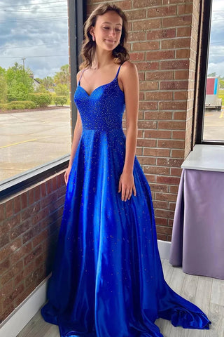 Royal Blue V Neck Beaded A-Line Long Prom Dresses VL011915