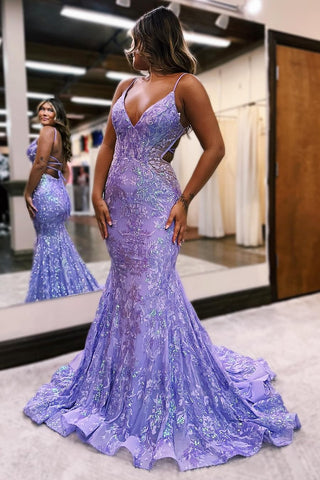 Sparkly Lilac Mermaid Sequins Long Backless Prom Dress VL011302