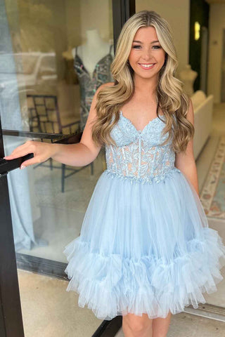 A-Line Sweetheart Light Blue Tulle Homecoming Dresses with Appliques VL24080305