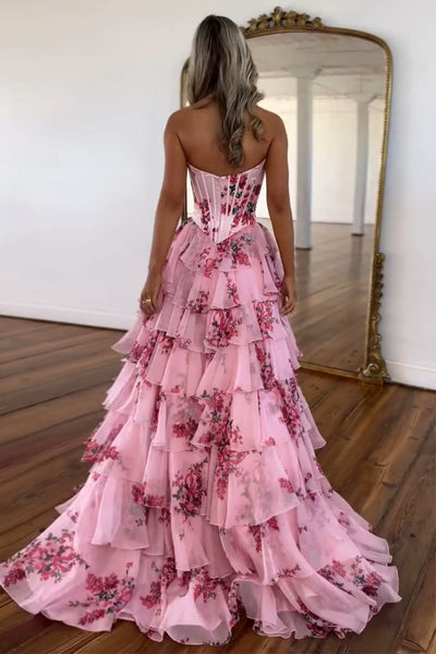 Cute Ball Gown Sweetheart Floral Printed Tiered Prom Dress with Slit VL24122401