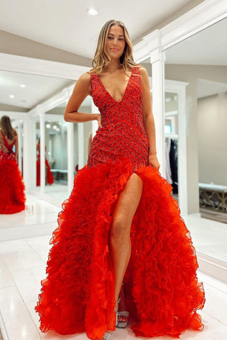 Sparkly Mermaid V Neck Red Sequins Long Prom Dress VL012310