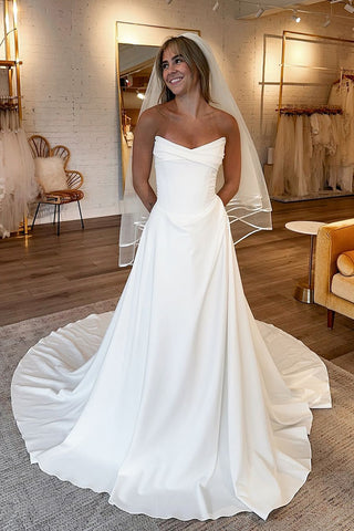 Fashion A Line Scoop Neck Satin Long Wedding Dresses VL24101702