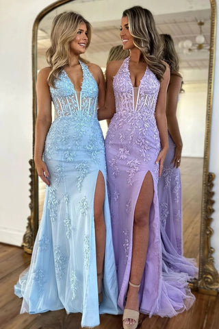 Stunning Mermaid Deep V-Neck Long Lace Prom Dress With Split VL013008