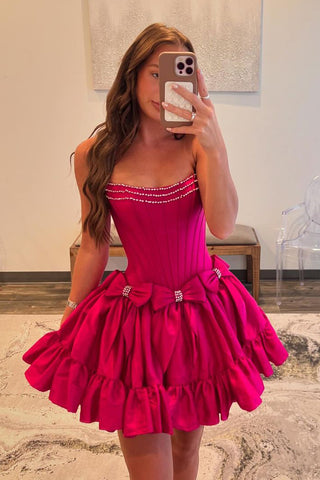 A-Line Strapless Fuchsia Satin Short Homecoming Dresses with Bows VL24081006