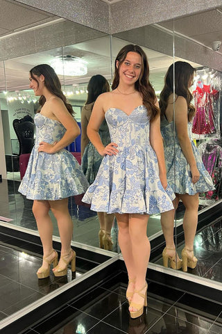 Cute A-Line Strapless Blue Floral Satin Short Homecoming Dresses VL4062802