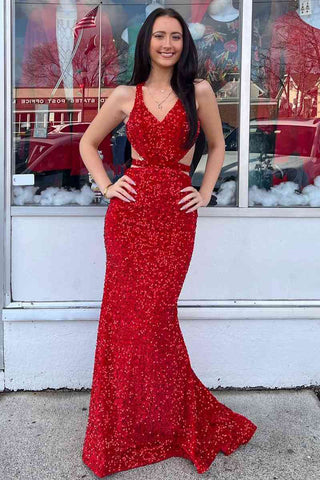 Red V Neck Sequins Mermaid Long Prom Dresses with Cutout VL011920