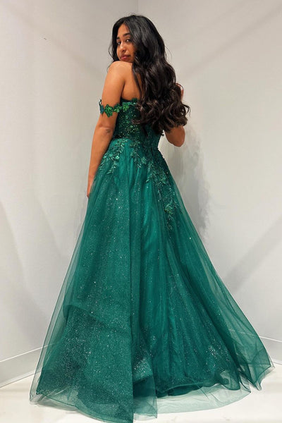 Cute A Line Off the Shoulder Dark Green Sparkly Tulle Long Prom Dress VL123004