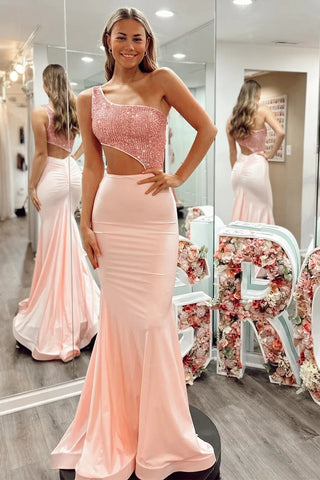 One-Shoulder Pink Sequin Cutout Mermaid Long Prom Dress VL012209