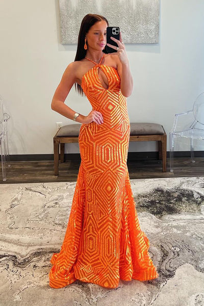 Orange Sequins Mermaid Halter Mermaid Long Prom Dresses VL022604