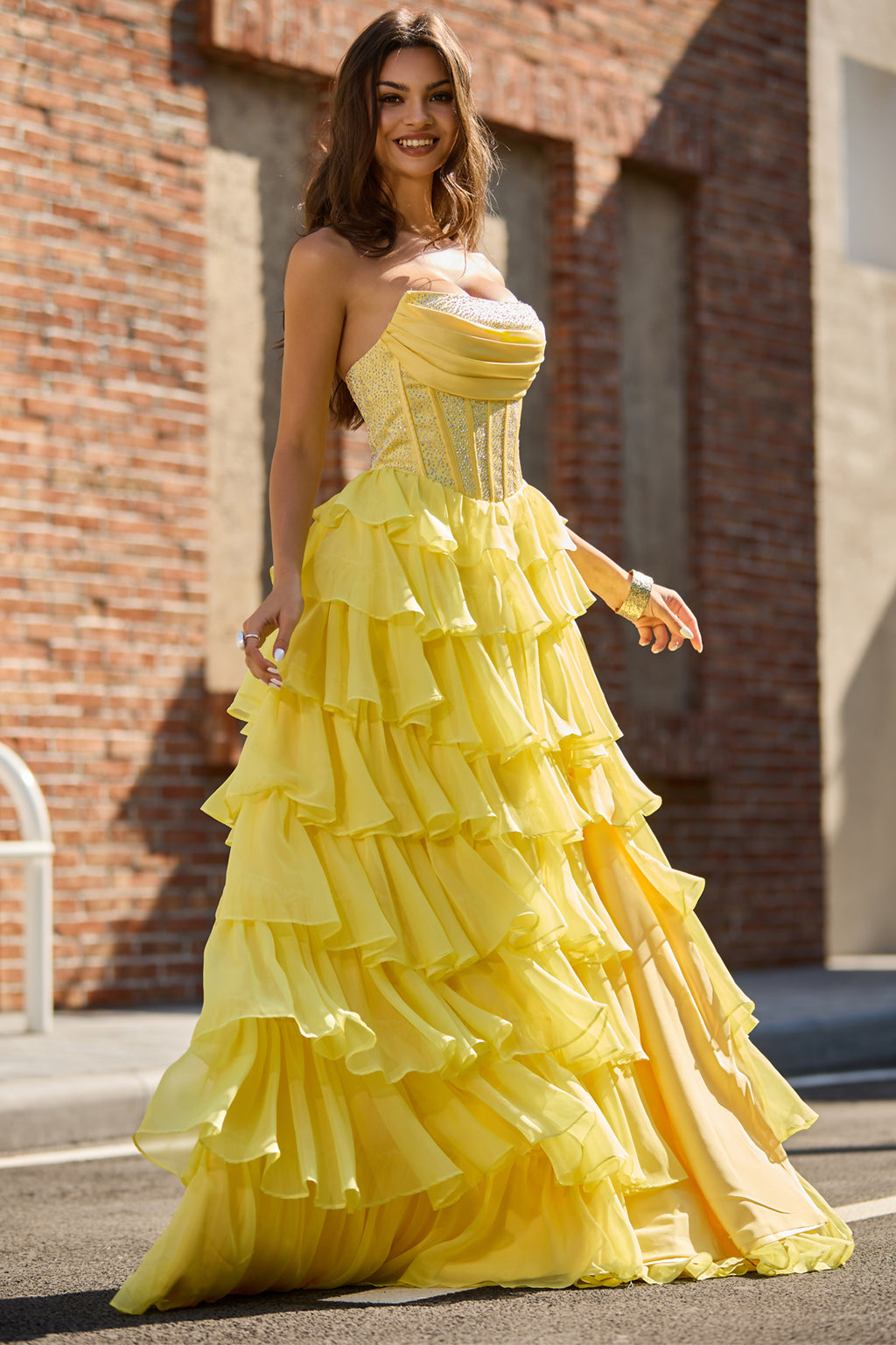 A Line Scoop Neck Light Yellow Chiffon Tiered Prom Dress with Slit