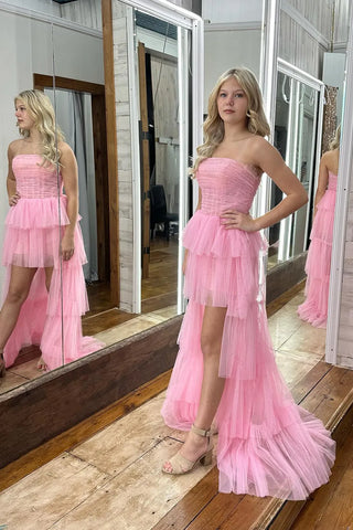 Strapless Pink Tiered High Low Homecoming Dresses VL24080401