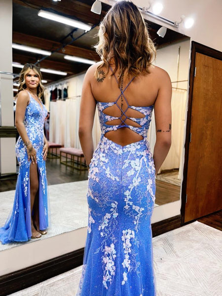 Sparkly Cute Mermaid V Neck Blue Sequins Lace Long Prom Dresses VL24102002