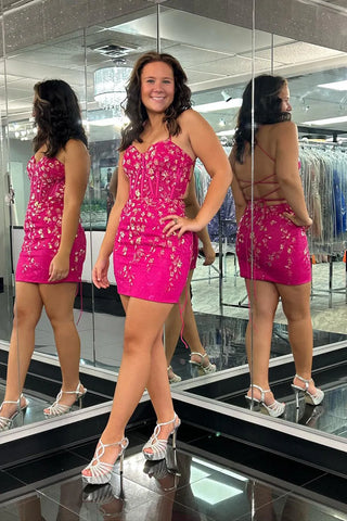 Bodycon Sweetheart Fuchsia Lace Appliques Short Corset Homecoming Dresses VL24080703