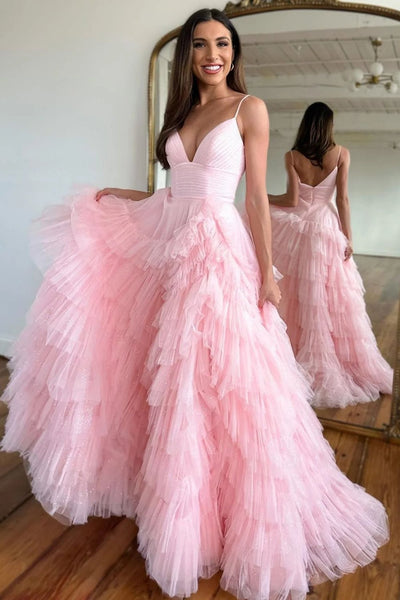 A Line Spaghetti Straps Light Pink Long Prom Dress with Ruffles VL011218