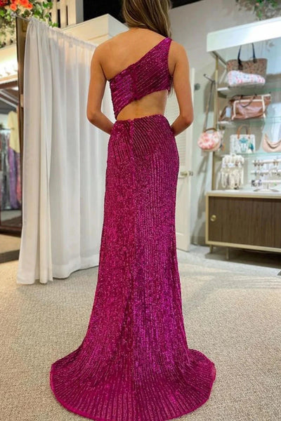 Mermaid One Shoulder Fuchsia Cut Out Prom Dress with Split Front VL011338