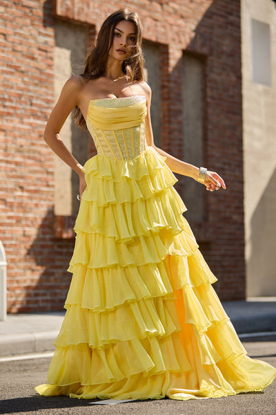 A Line Scoop Neck Light Yellow Chiffon Tiered Prom Dress with Slit VL25122115