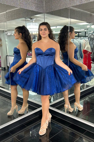 A-Line Strapless Royal Blue Short Corset Homecoming Dresses VL24080702